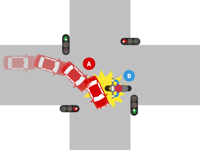信号機のある交差点で、直進二輪車・右折四輪車ともに青信号で進入して起きた事故｜基本過失割合を解説